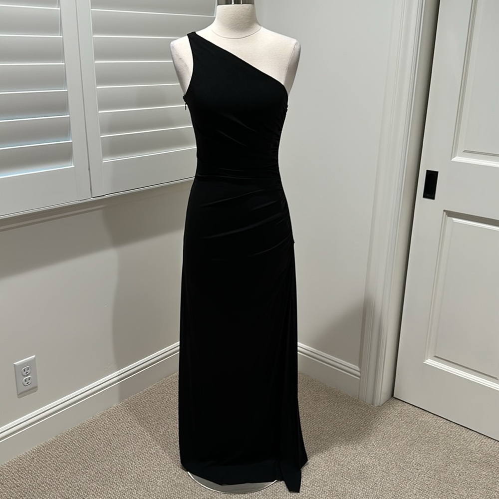 Laundry by Shelly Segal one shoulder black dress with beaded side.
